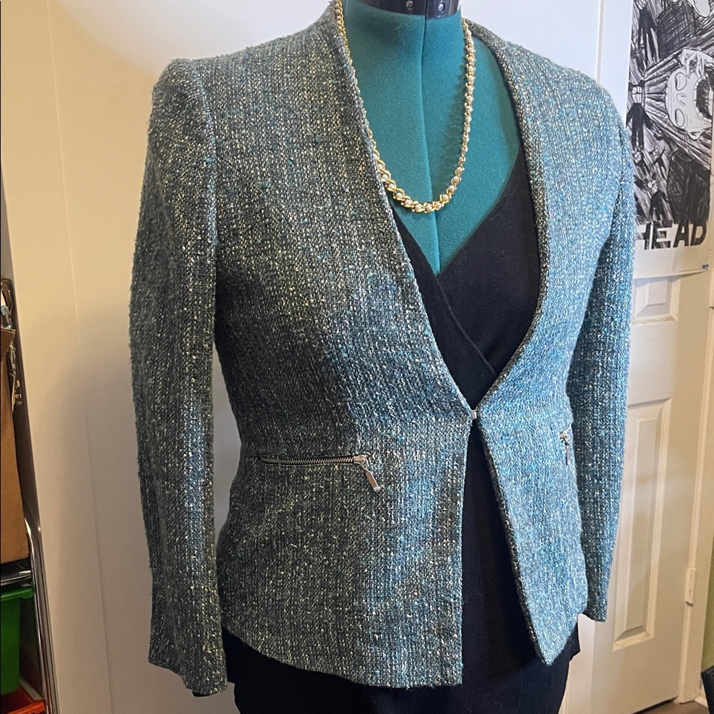H&M metallic Blue Tweed Blazer lined wool blend long sleeve